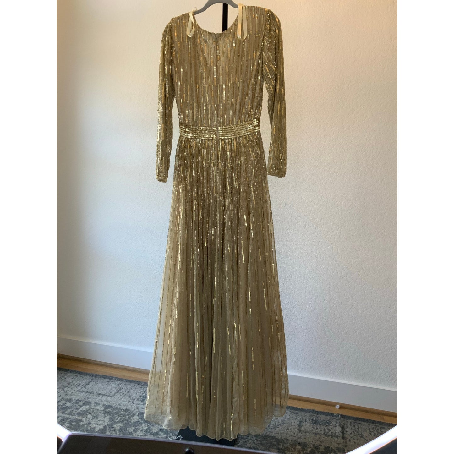 Mac Duggal | Gold Sequined V Neck Illusion Sleeve A Line Gown