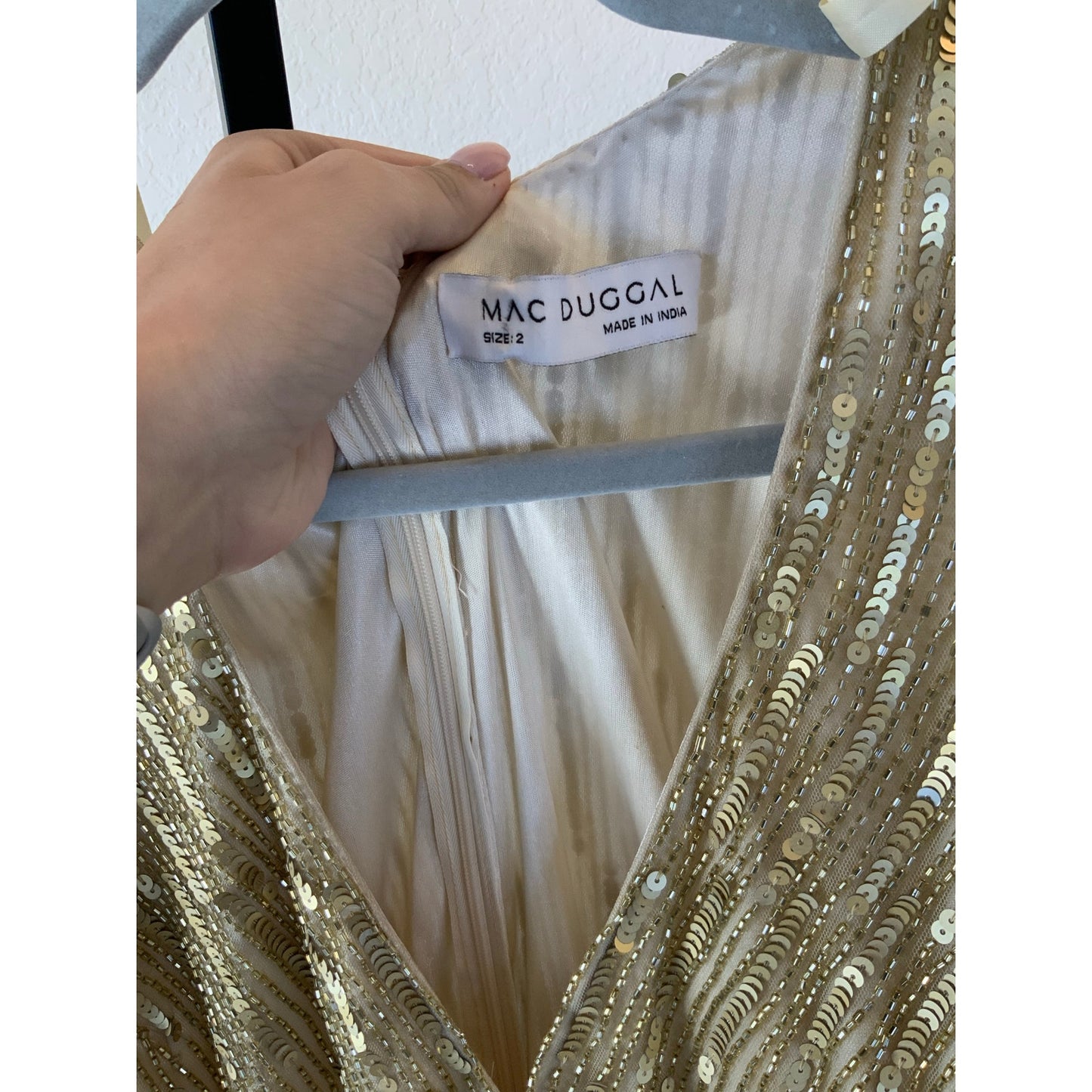 Mac Duggal | Gold Sequined V Neck Illusion Sleeve A Line Gown