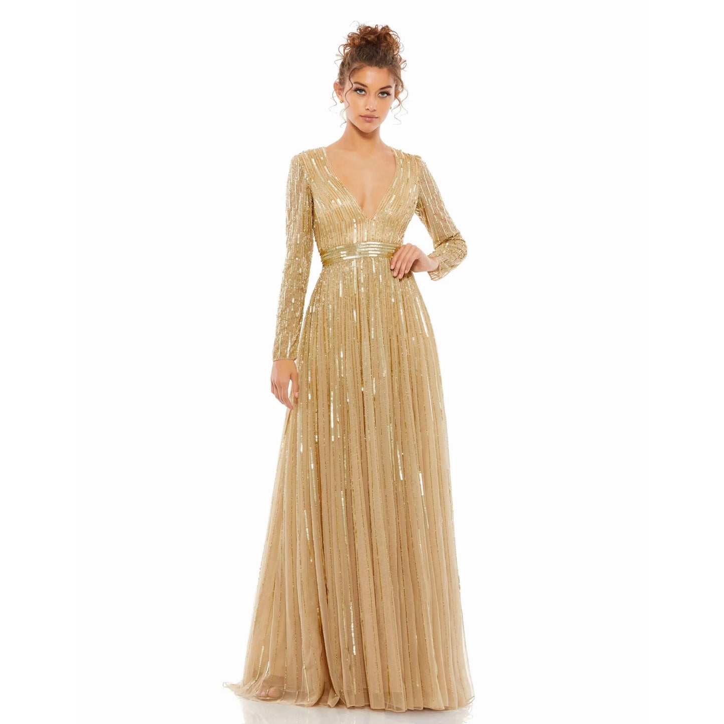 Mac Duggal | Gold Sequined V Neck Illusion Sleeve A Line Gown