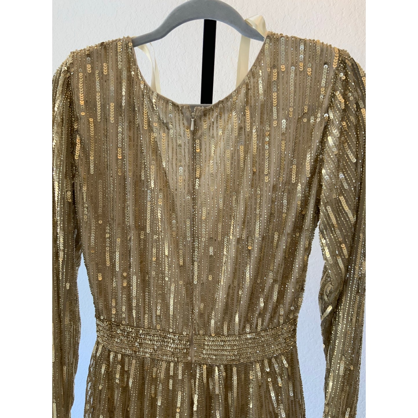 Mac Duggal | Gold Sequined V Neck Illusion Sleeve A Line Gown