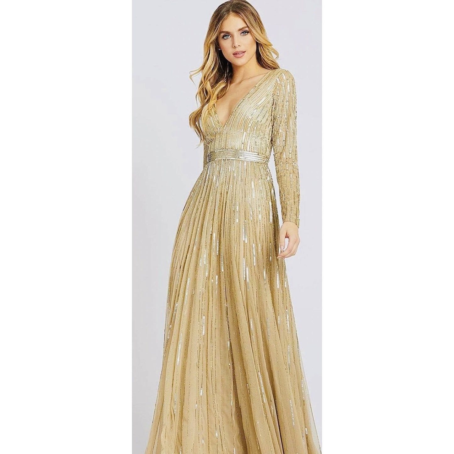Mac Duggal | Gold Sequined V Neck Illusion Sleeve A Line Gown