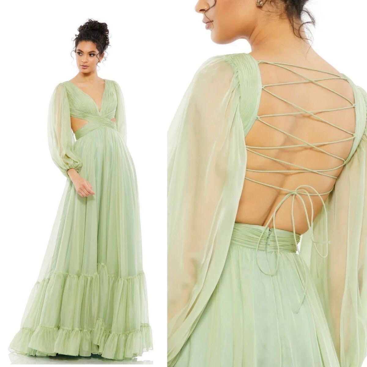 Mac Duggal | Pleated Cut Out Long Sleeve Lace Up Tiered Gown