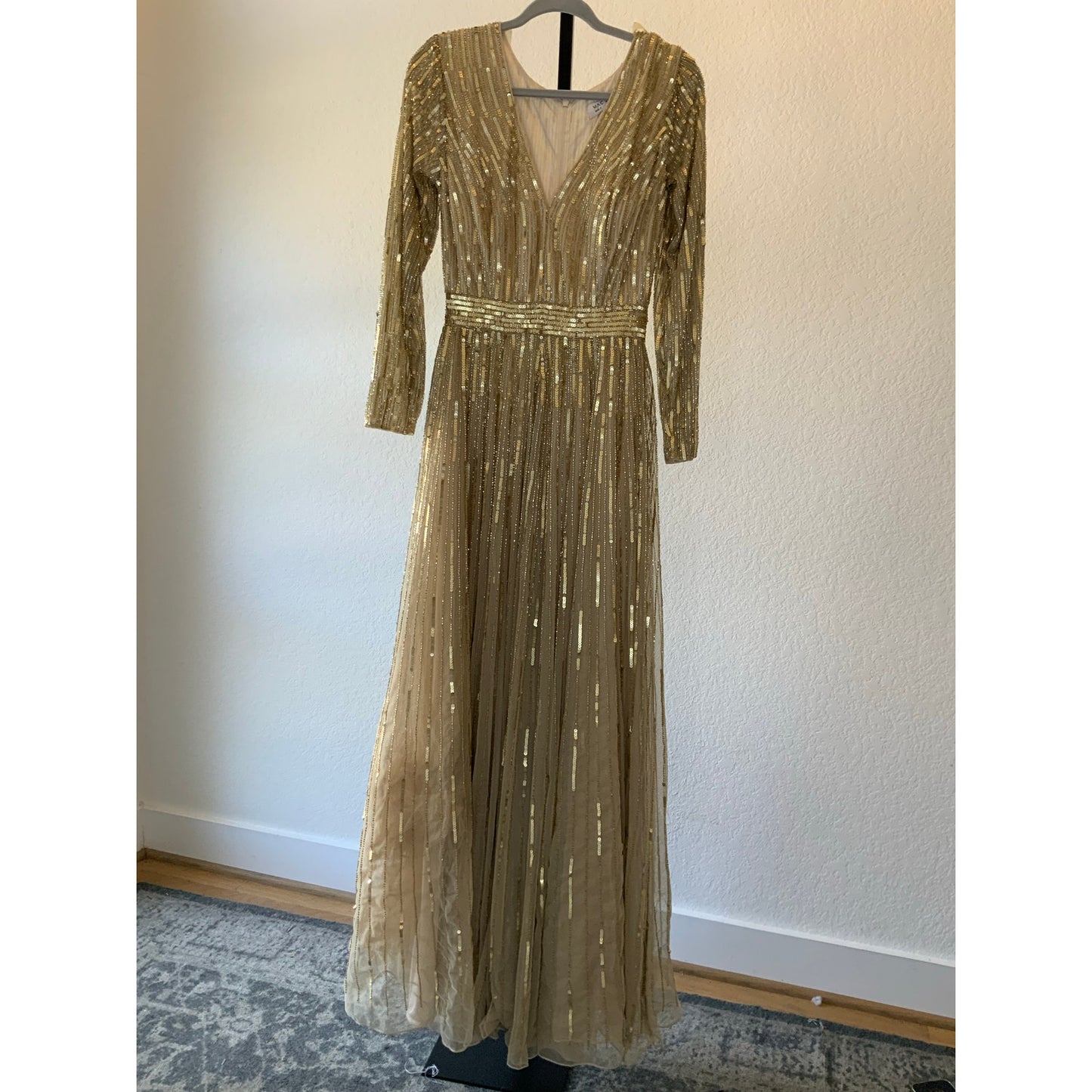 Mac Duggal | Gold Sequined V Neck Illusion Sleeve A Line Gown