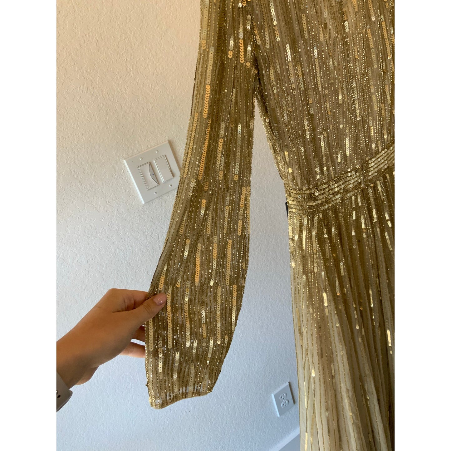 Mac Duggal | Gold Sequined V Neck Illusion Sleeve A Line Gown