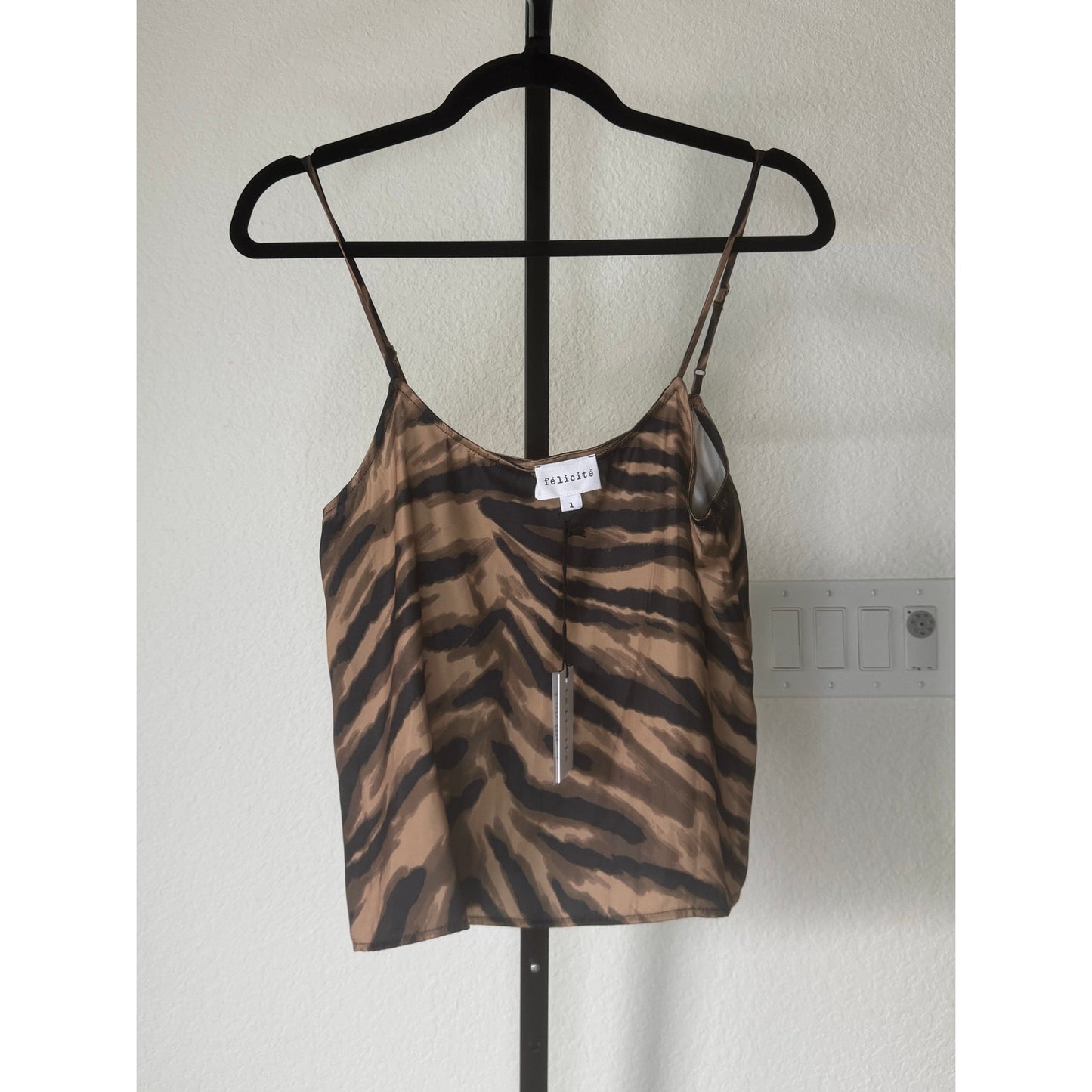 NWT Félicité Tiger Print Long Sleeve Shirt, Cami Tank and Pant Set Brown/Black 1