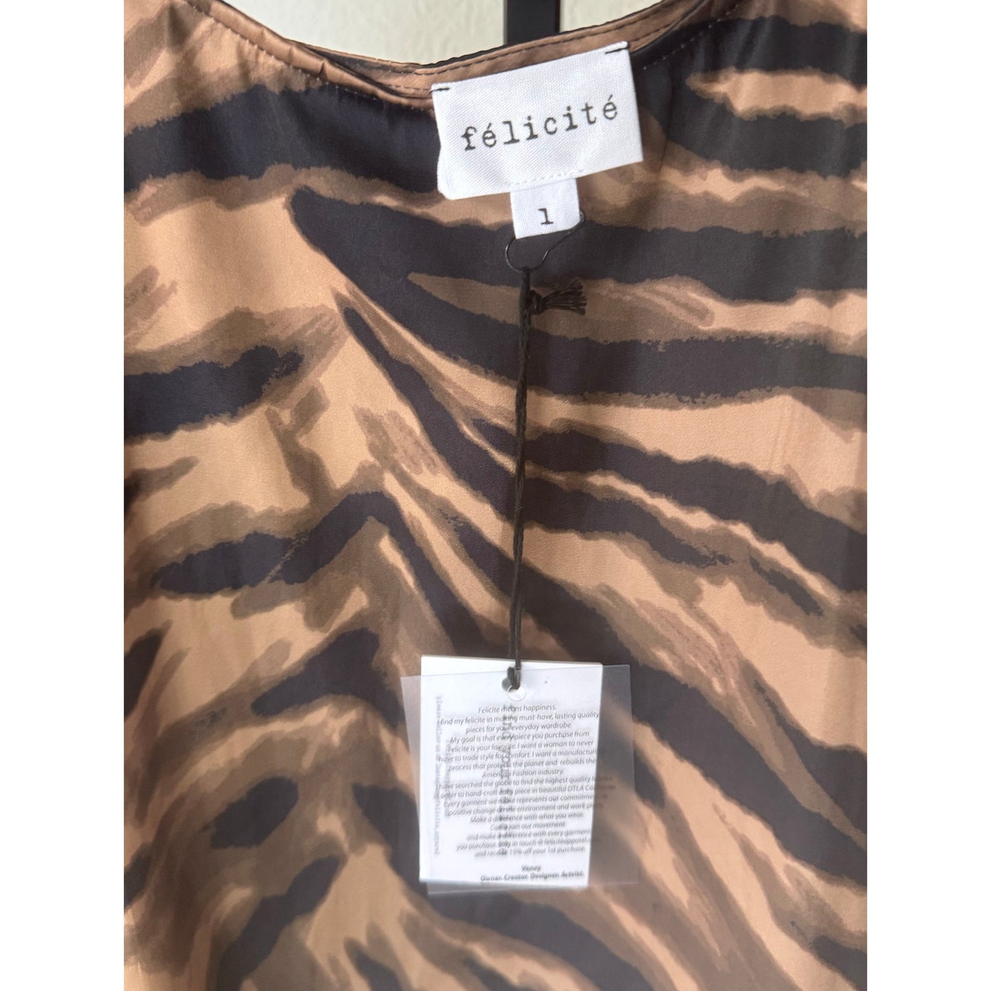 NWT Félicité Tiger Print Long Sleeve Shirt, Cami Tank and Pant Set Brown/Black 1